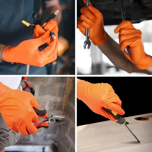 Vista 8 de LOGO Guantes desechables de nitrilo naranja-7.5mil Grip Diamond Textured Heavy Duty Automotive Mechanic compostable (50 piezas/caja)