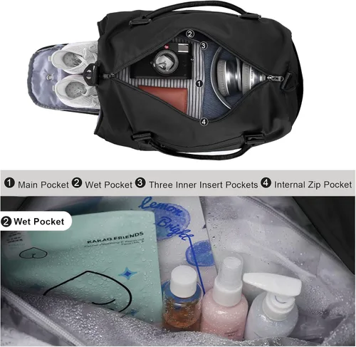 Vista 6 de Bolsa de gimnasio para mujeres y hombres, bolsa de viaje deportiva con compartimento para zapatos y bolsillo húmedo, A-Negro