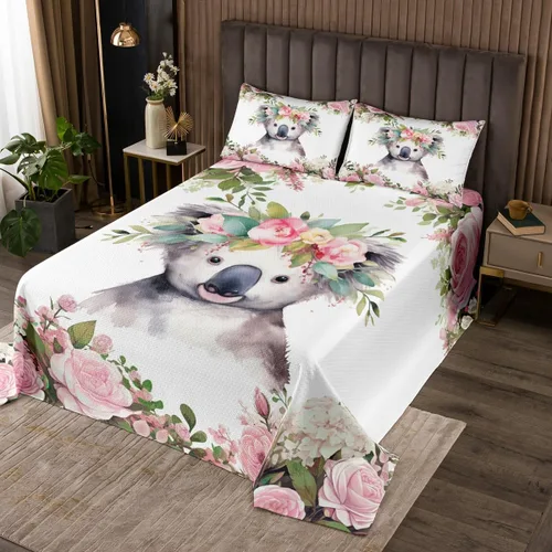 Vista 6 de Erosebridal Juego de colcha con diseño de gato y gatito, juego de colcha con temática de animales, juego de ropa de cama floral de flores coloridas