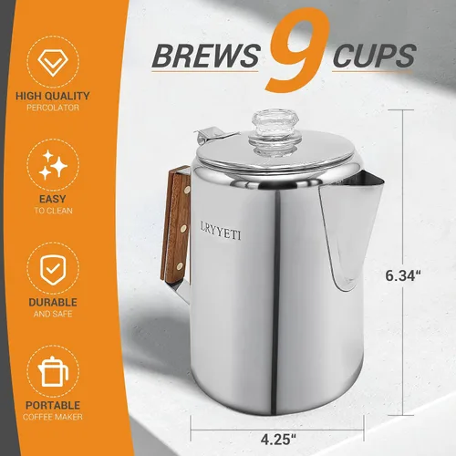 Vista 4 de Percolator Pot - Olla de café de acero inoxidable para acampar, sin aluminio o plástico, estufa de café (9 tazas)