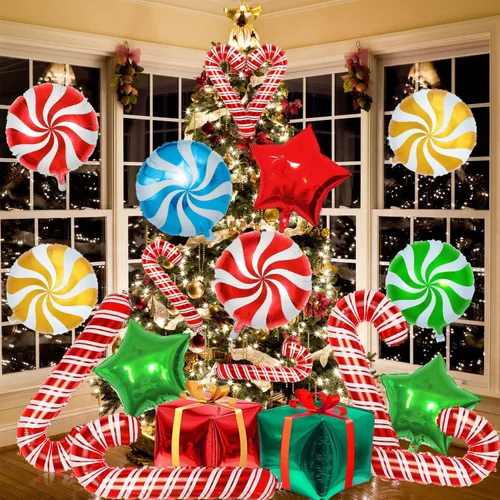 Vista 3 de 28 globos de papel de aluminio de Navidad de bastón de caramelo con cintas, globos de Mylar para decoración de fiestas