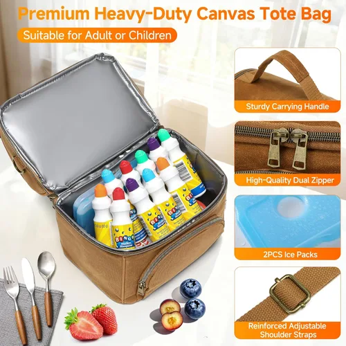 Vista 3 de Lunch Box with Ice Packs, Waxed Canvas Lunch Bag for Men, 10.5L Leakproof Insulated Lunch Cooler for Men Work, Dual Compartment Soft Cooler for