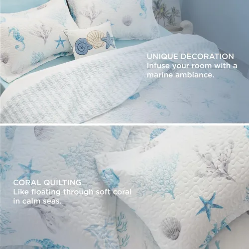 Vista 6 de Bedsure Colcha costera tamaño Queen – Ropa de cama reversible de verano y playa, colcha ligera de microfibra, colcha azul y blanca para todas