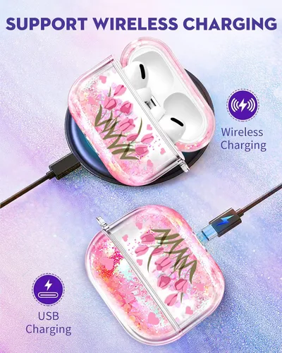 Vista 5 de Funda para Apple para Airpod Pro 2/1 - Funda Kawaii bonita estética femenina para niñas y mujeres, protector líquido con purpurina brillante diseño