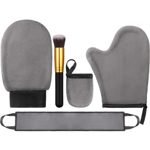 Vista 8 de Boao Kit de 5 aplicadores de manopla autobronceadora, incluye guante de bronceado, guante exfoliante, mini guante facial, aplicador de loción