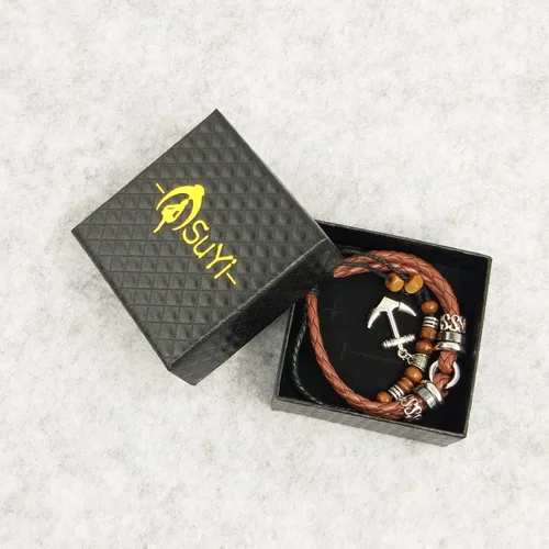 Vista 28 de Suyi brazalete ajustable con varias capas, de cuero tejido trenzado con cruz. Pulsera tipo esclava.