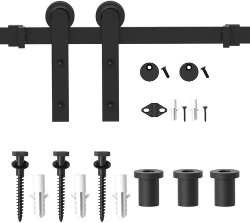 Vista 7 de Kit de herraje para puerta de granero WINSOON de 4 pies: kit de herraje para puerta corredera única - kit de riel de puerta de granero negro