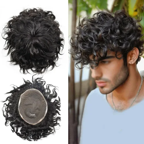Vista 7 de Afro Toupee For Black Men Black Human Hair Mens Toupee Full Lace Hairpiece African American Wavy Kinky Hair System For Men 2MM Afro Wavy-#1 Jet Black
