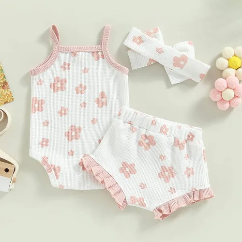 Vista 7 de Qiylii Conjunto de pantalones cortos de verano para bebé recién nacida, diseño floral, con tirantes, parte superior con volantes, pantalones cortos