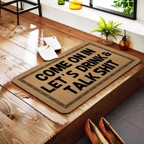 Vista 5 de Divertida alfombra de bienvenida para entrada interior y porche, alfombra de decoración de porche con texto en inglés "Come On In Let's Drink and