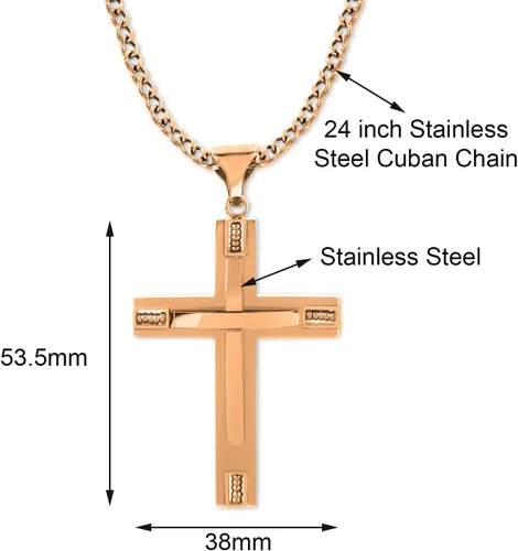 Vista 4 de Savlano Colgante de cruz de acero inoxidable de 24 pulgadas, collar de cadena cubana para hombre, viene en colores plateado, dorado, rosa y negro