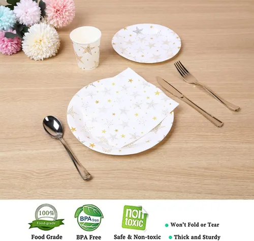 Vista 3 de CONRADY - Juego de vajilla desechable de 200 piezas de estrella dorada, 25 platos de papel, platos de postre, vasos de papel, cubiertos de plástico