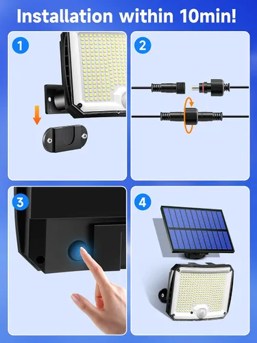 Vista 7 de PIKOY Luces solares con movimiento para exteriores impermeables, [Actualización 318LED/33FT/5 modos] Luces solares de seguridad, control remoto +