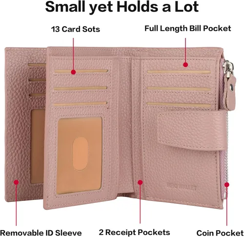 Vista 4 de Lavemi Pequeña cartera compacta para mujer, con bloqueo RFID, de piel auténtica, plegable, con ventanas de identificación