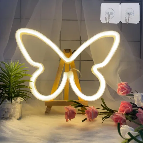 Vista 13 de ENUOLI Lámpara de luz LED de neón en forma de estrella blanca cálida con base, funciona con pilas y USB, letrero de neón LED en forma de estrella