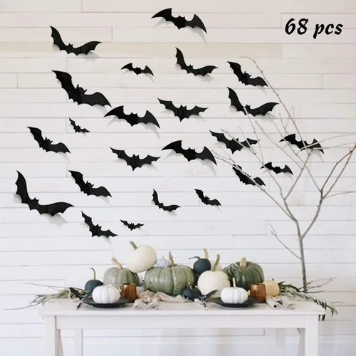 Vista 9 de encavy 68 piezas de decoración de pared de murciélagos, decoraciones de Halloween, calcomanías de murciélago 3D, decoración de Halloween, decoración