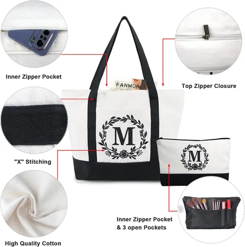 Vista 4 de BeeGreen Bolsa de lona con inicial con bolsa de maquillaje, monograma, bolsa de playa para mujeres, regalos personalizados para profesores, madres
