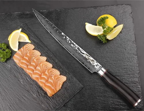 Vista 7 de YOUSUNLONG Cuchillo de filete de 10 pulgadas, cuchillo para tallar carne, cuchillo sashimi, 9.6 in, mano izquierda, acero de damasco martillado