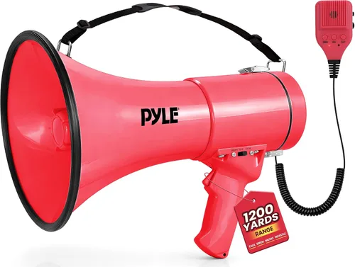 Vista 14 de Pyle 50W Megaphone Bullhorn - Portable, Automatic Siren & Adjustable Volume, Projection Range Up to 1200 Square Yards, Aux Input, Talk, Siren
