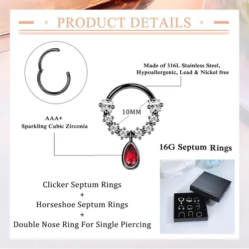 Vista 4 de 9 anillos de tabique de 16G para mujeres y hombres, de acero quirúrgico, anillos de tabique, herradura, cartílago, hélix, tragus, joyería