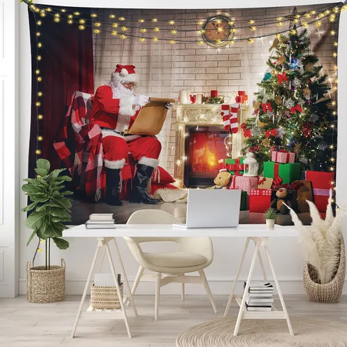 Vista 7 de Ambesonne Tapiz de Papá Noel, viejo Papá Noel sentado en casa en la noche de Navidad, leyendo una carta cerca del árbol, colgante de pared ancho
