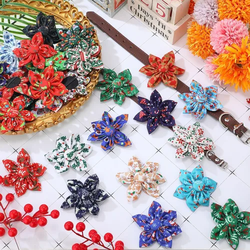 Vista 5 de Silkfly 60 piezas de collar de perro, flores a granel, collar de invierno, corbatines de flores, accesorios para perros pequeños, medianos