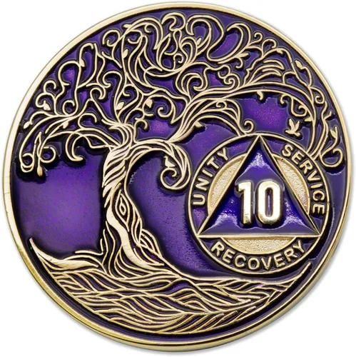 Vista 160 de 1 año Sobriety Mint Twisted Tree of Life Medallón de recuperación AA chapado en oro, chip/ficha - negro