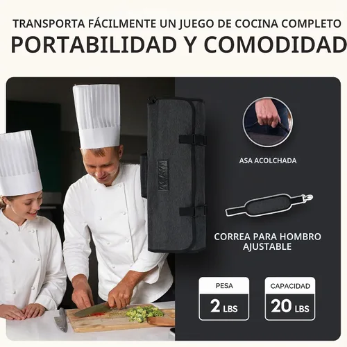 Vista 5 de Asaya Bolsa enrollable para cuchillos de chef, 20 bolsillos en total para cuchillos y utensilios de cocina, fabricada con nailon encerado resistente