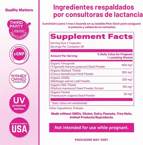 Vista 6 de Suplemento de lactancia total Pink Stork para suministro de leche materna, 60 cápsulas