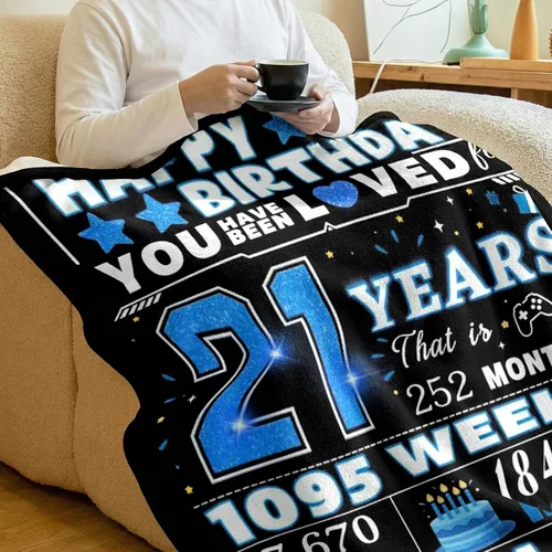 Vista 4 de Manta de regalo de cumpleaños número 21 para él y hombres de 21 años Con caja de regalo, 50 x 60 pulgadas, lavable a máquina, transpirable, ideal