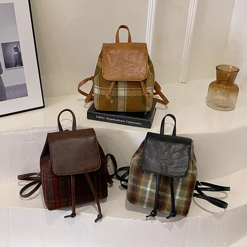 Vista 6 de Mochila vintage a cuadros para mujer, mochila clásica preppy casual, mochila estética de viaje, mochila retro para mujer, Verde