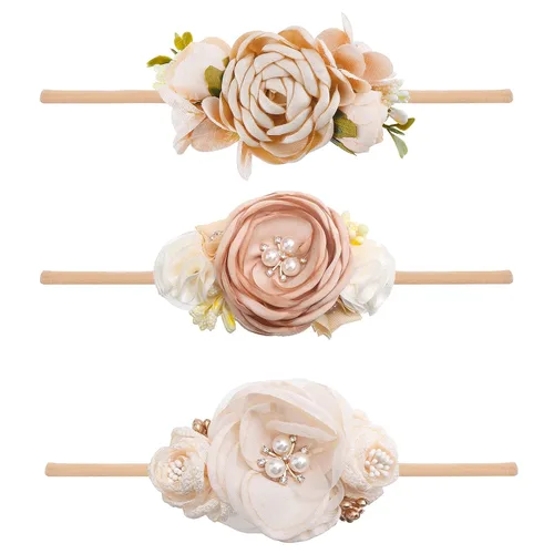 Vista 14 de Diadema floral de nailon para bebé, corona de flores, banda elástica para el cabello, 3 piezas, accesorios para el cabello, regalo para niñas, 2#