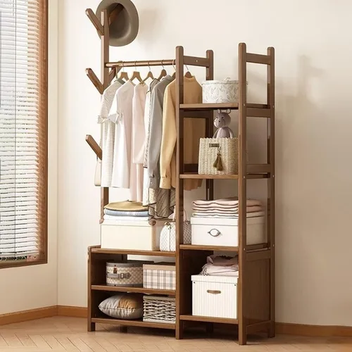 Vista 3 de Perchero de madera para colgar ropa con estantes de almacenamiento para entrada, pasillo, sala de estar