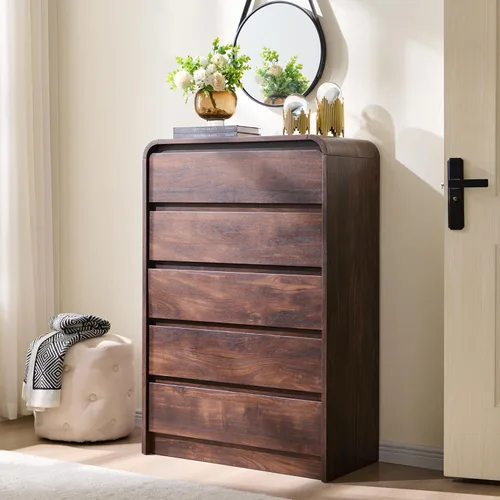 Vista 22 de Aitjunz - Cómoda moderna de 5 cajones para dormitorio, 45 pulgadas de alto, diseño de perfil curvo, cómoda vertical de madera estilo Mid-Century