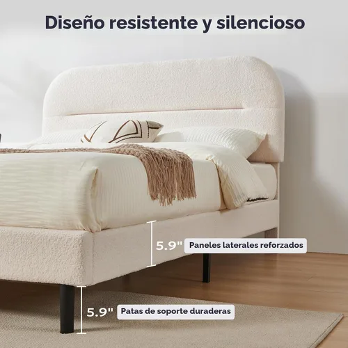 Vista 4 de Furnify Marco de cama tamaño individual, marco de cama tapizado de tela suave con cabecera ajustable, marco de cama de plataforma con esquinas Beige