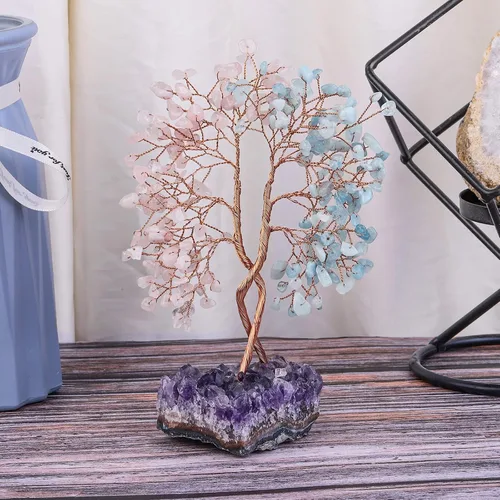Vista 2 de Árbol de cristal doble curativo con base de amatista natural, bonsái de dinero de Feng Shui con energía positiva, decoración del hogar para riqueza