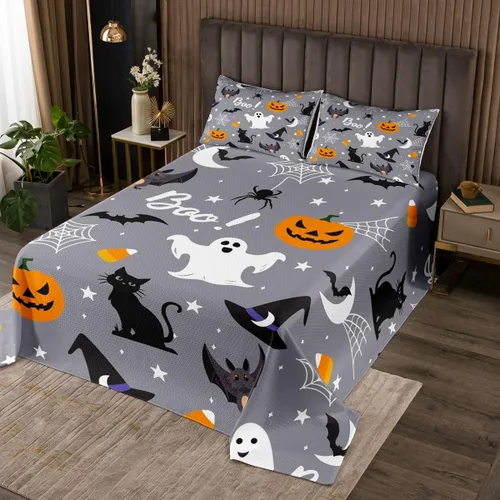 Vista 8 de Erosebridal Juego de colcha de murciélago de Halloween, tamaño individual, estrellas con purpurina y galaxia, para niños, decoración de Halloween