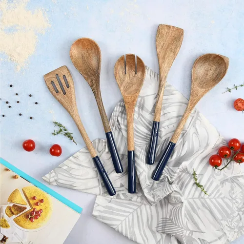 Vista 5 de Juego de 5 cucharas de madera para cocinar o utensilios de cocina, 12 pulgadas de largo (azul sólido)
