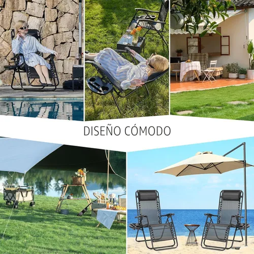 Vista 8 de Silla de gravedad cero Sweetcrispy, juego de 2 sillas reclinables portátiles para playa, camping, patio, exterior, plegables, con portavasos y Negro