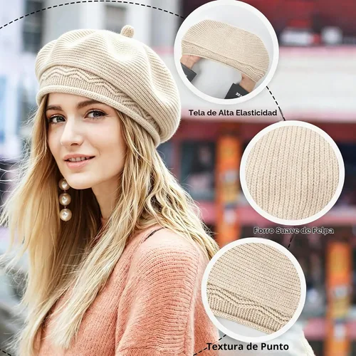 Vista 2 de Sombrero boina para mujer, estilo francés, forro de lana cálido, boina de invierno, moda, gorro tejido de punto Beige