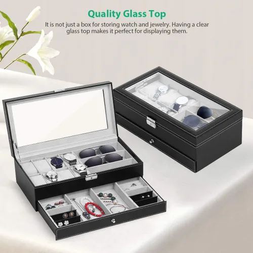 Vista 6 de TomCare Caja de reloj mejorada para reloj organizador de joyas caja de exhibición de joyas cajón de gafas de sol organizador de almacenamiento