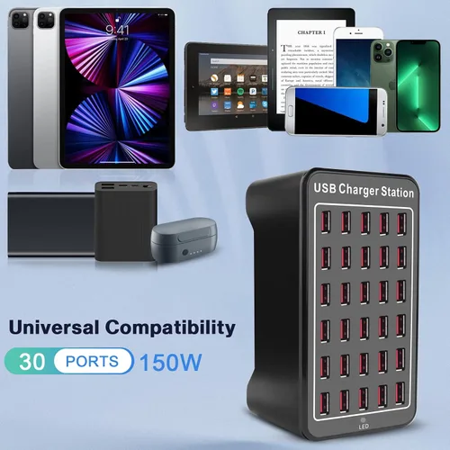 Vista 5 de Cinlinso Estación de carga USB de 30 puertos de 150 W (30 A), concentrador USB multipuerto con detección inteligente para teléfonos inteligentes