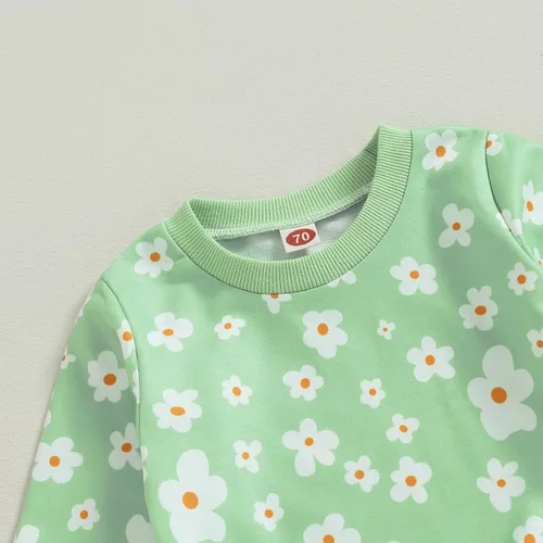 Vista 2 de MAYUMMPY Conjunto de 2 piezas de sudadera con cuello redondo floral y pantalones para bebé niña