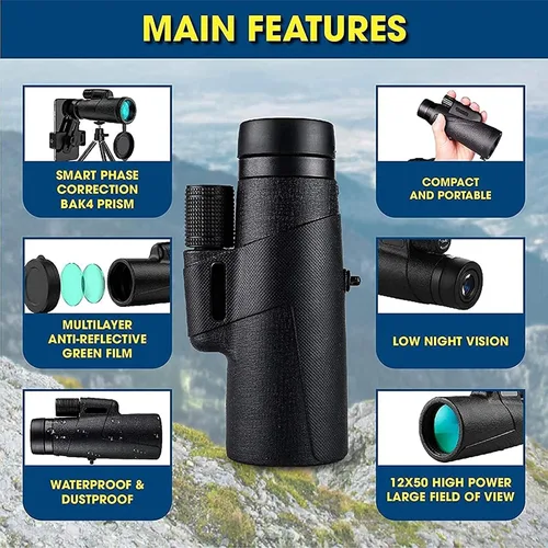Vista 5 de Nuevo monóculo impermeable, telescopio monocular de alta definición de 12 x 50 con trípode y adaptador para teléfono inteligente - prisma BAK4