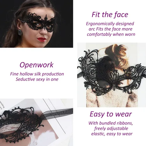 Vista 3 de TreatMe Máscara de mascarada Máscara veneciana para mujer, bonita y elegante, de encaje, para Halloween, fiesta de Mardi Gras (negro B)