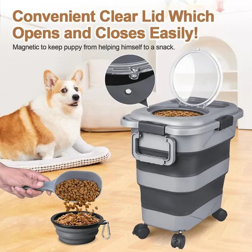 Vista 4 de Contenedor de almacenamiento de alimentos para perros, 10 a 20 libras, hermético, plegable, con ruedas acoplables, asa portátil, cuchara de comida