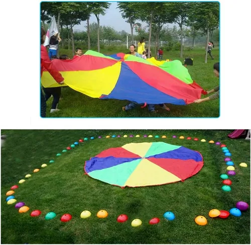 Vista 4 de Paracaídas arcoíris de 6.5 pies/10 pies/12 pies/13 pies/16.4 pies/20 pies para juegos de fiesta al aire libre, juegos de equipo cooperativo