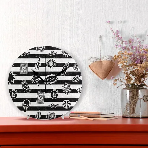 Vista 2 de Black White Striped Retro Summer Cool 10 Inch Round Decorative Atomic Wall Clock Non Ticking Decor for Classroom School School reloj de pared