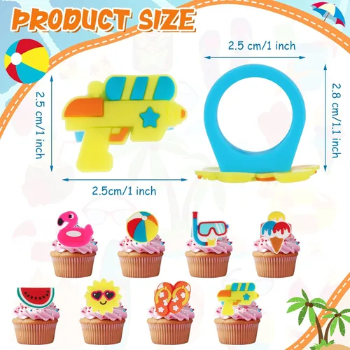 Vista 2 de Wettarn 48 anillos tropicales para cupcakes, decoración de tartas temáticas de playa de verano, decoración de tartas hawaianas con flamenco, sandía