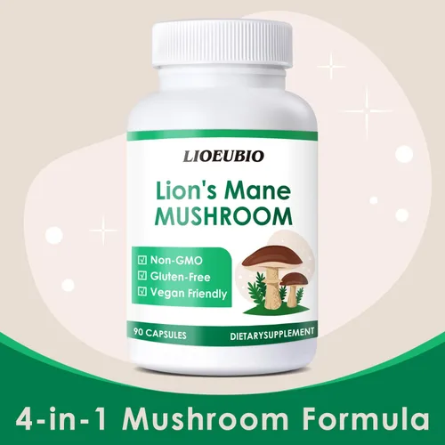 Vista 3 de LIOEUBIO Complejo de hongos con melena de león, reishi, cordyceps y vitamina C, sin OMG, 90 cápsulas veganas